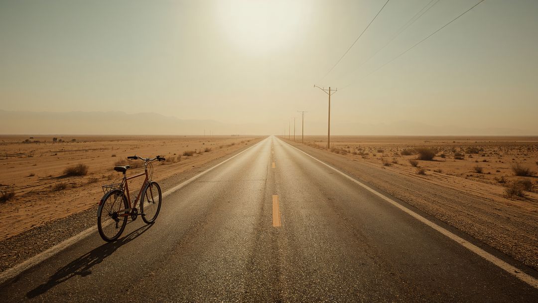Lonely Bicycle Casts Long Shadow on Open Desert Highway