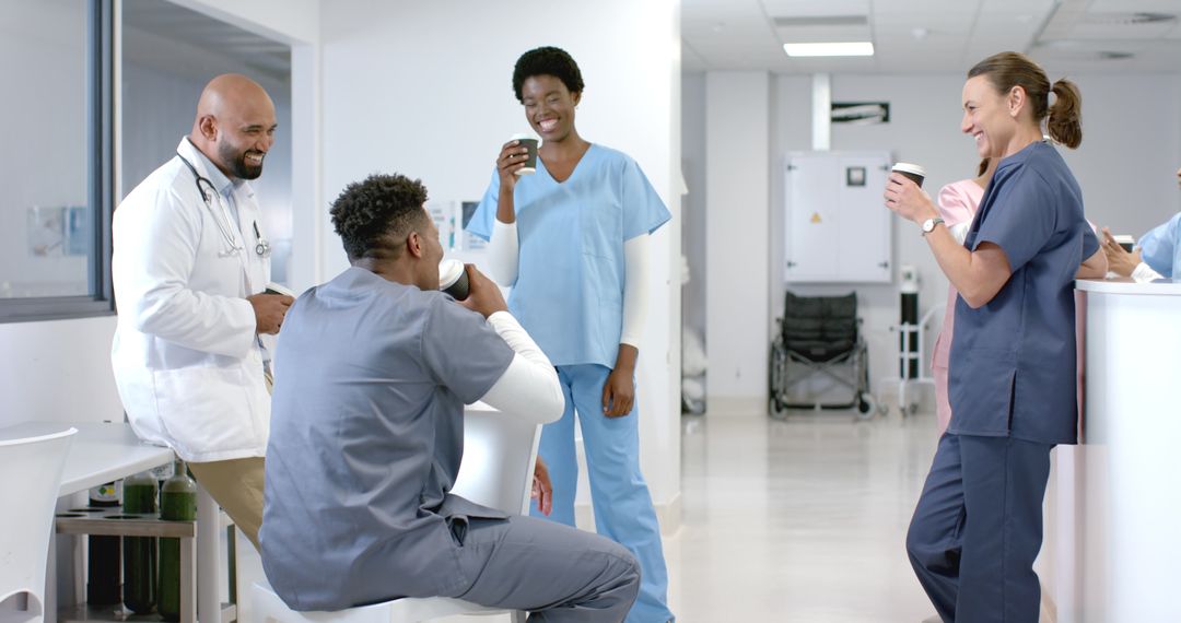 Diverse Medical Team Relaxing in Hospital Break Room