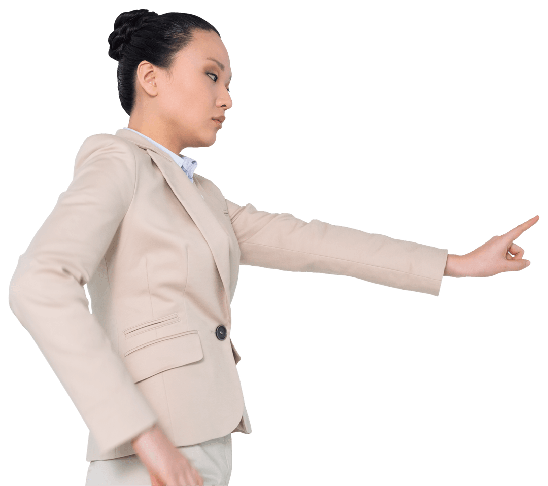 Asian Businesswoman Pointing with Determination on Transparent Background