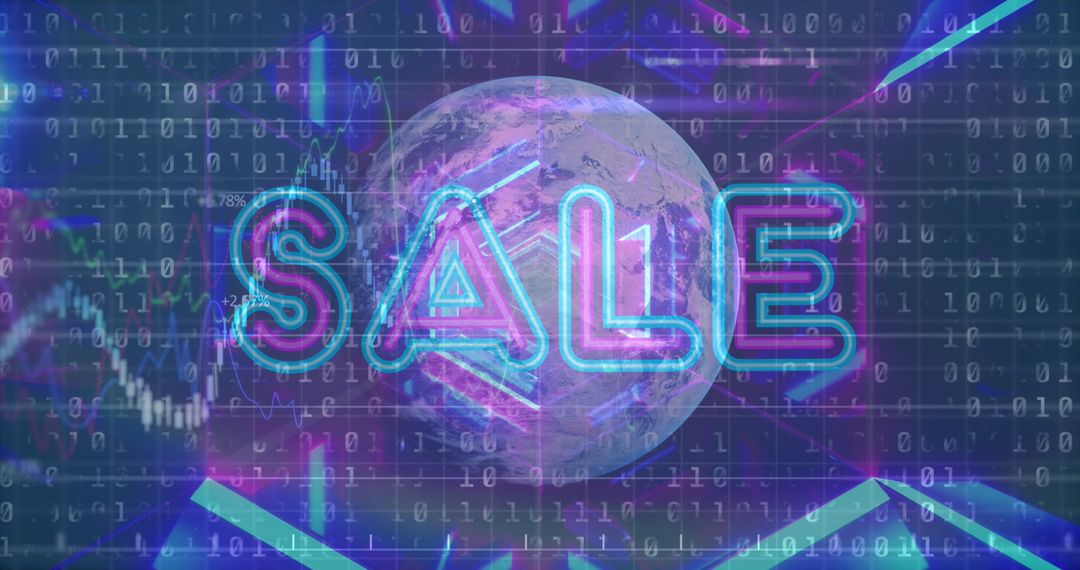 Neon Sale Sign with Binary Code Overlay on Globe