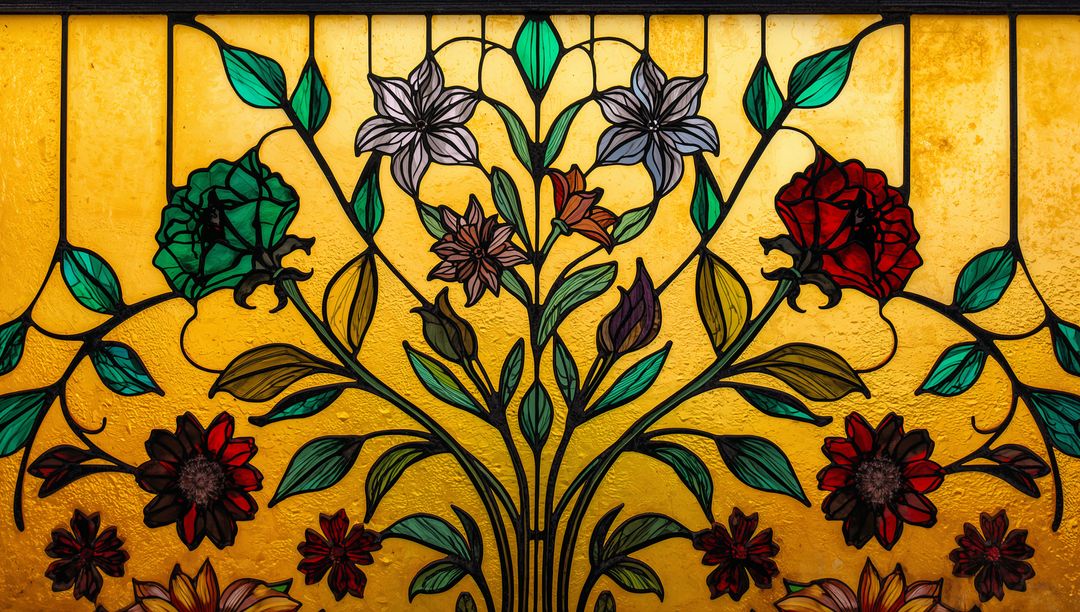 Vibrant Stained Glass Panel with Botanical Motifs in Art Nouveau Style