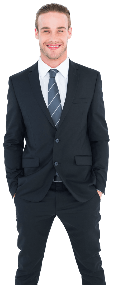 Transparent Smiling Businessman in Formal Suit with Hands in Pockets