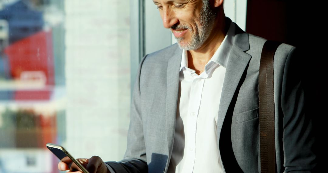 Businessman Reading Smartphone in Sunlit Office - Free Images, Stock Photos and Pictures on Pikwizard.com