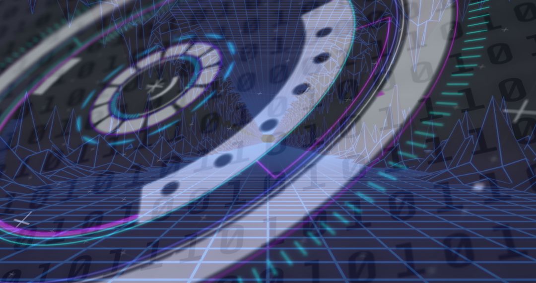 Futuristic digital interface with binary code and neon scanner
