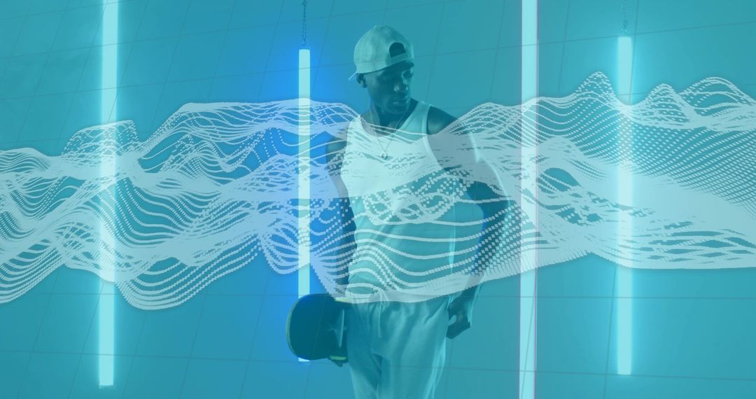 Futuristic Skater in Neon Light Studio with Digital Waveforms