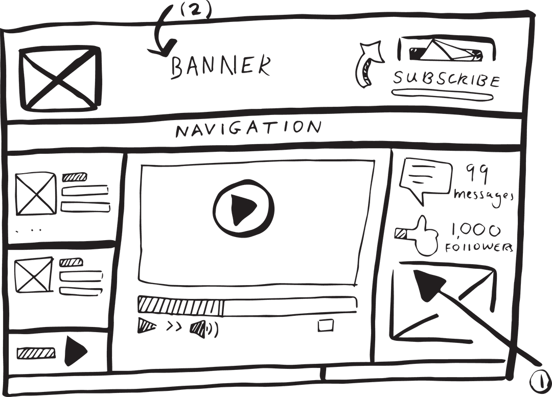 Transparent website interface sketch on isolated background