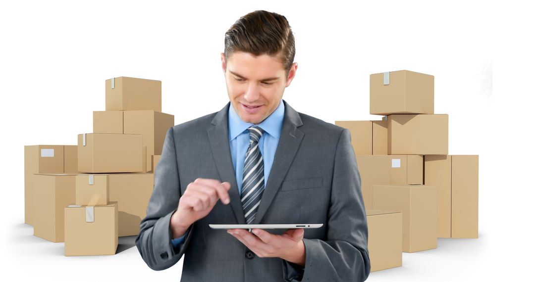 Businessman Using Tablet Amidst Shipping Boxes, Shipping and Digital Solutions