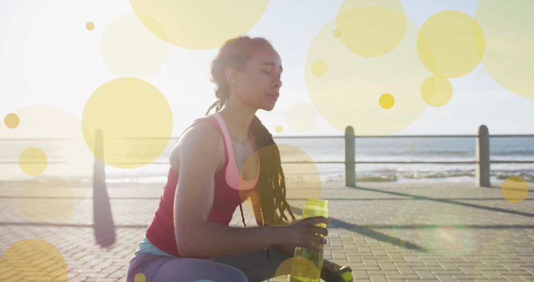 Woman Enjoying Refreshing Break on Sunny Promenade