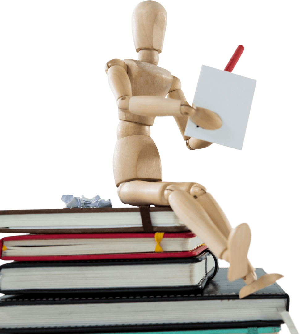 Transparent Wooden Mannequin Writing Paper Resting on Books