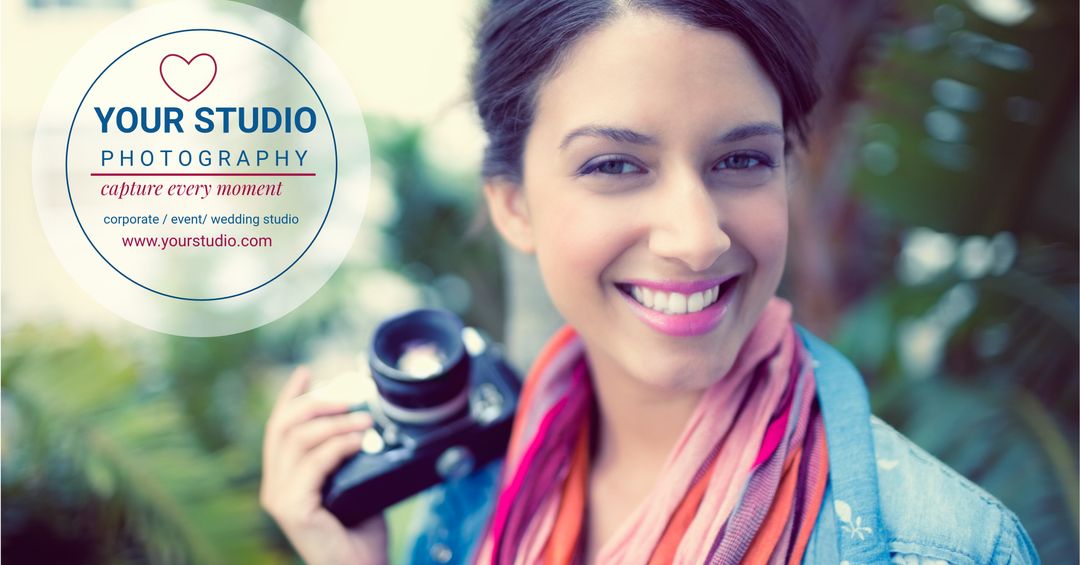 Woman Photographer Smiling with Camera for Creative Advertising