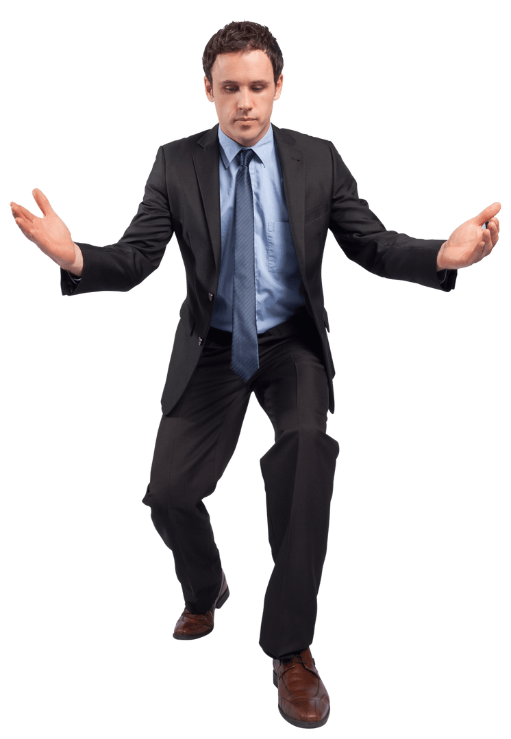 Transparent Businessman Posing Confidently with Outstretched Arms