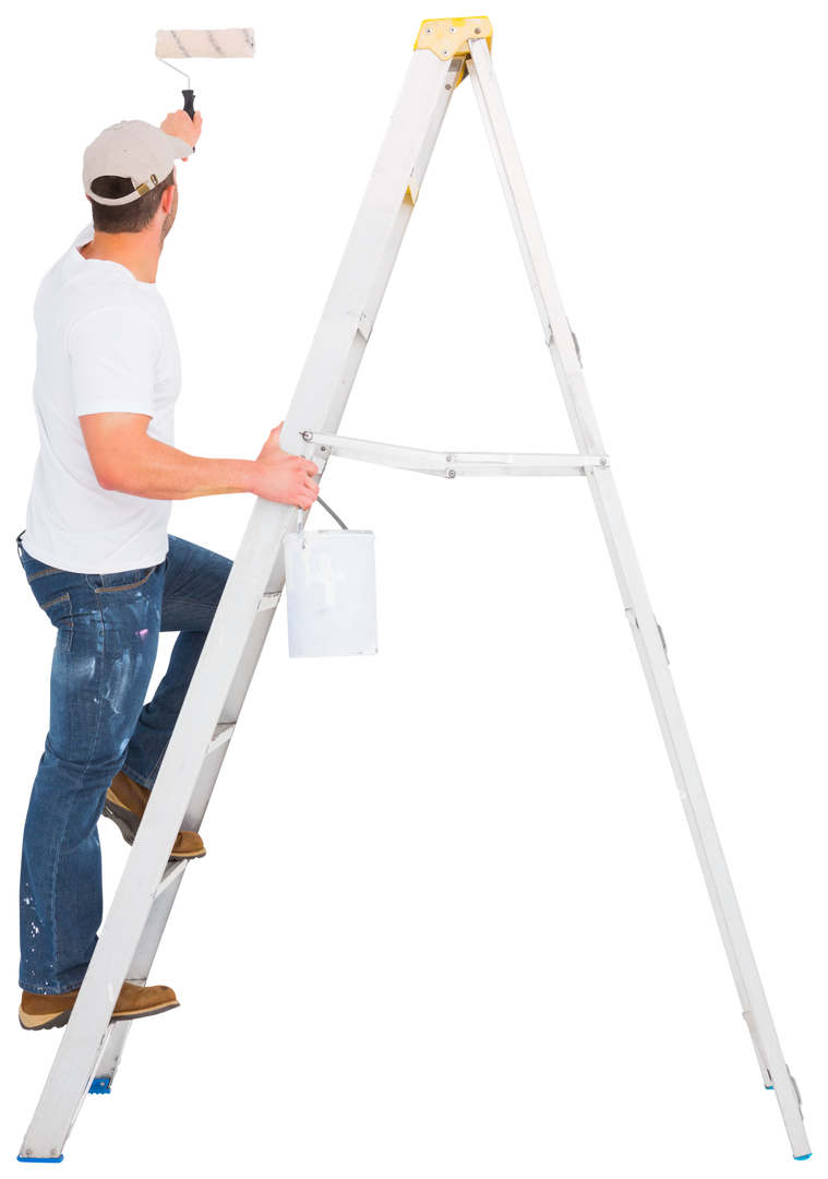 Handyman Climbing Ladder Using Paint Roller and Bucket in Transparent Background - Download Free Stock Images Pikwizard.com