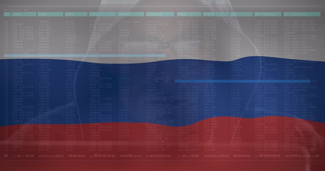 Cyber Warfare Concept with Russia Flag Overlay Against Data Screens