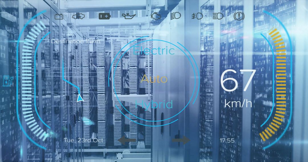 Futuristic Car Dashboard Display with Server Room Overlay