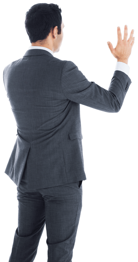 Transparent Back View Asian Businessman Raising Hand