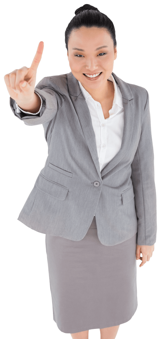 Happy Asian Businesswoman Pointing Up Standing on Transparent Background