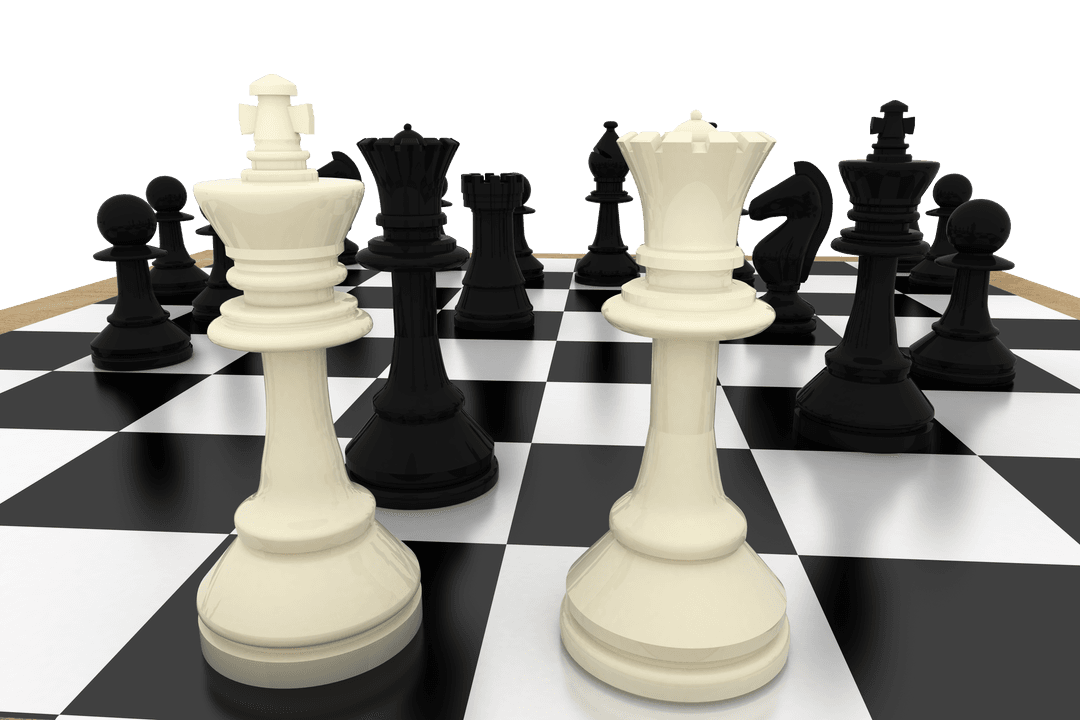 Transparent Chess Pieces with Focus on White King and Queen