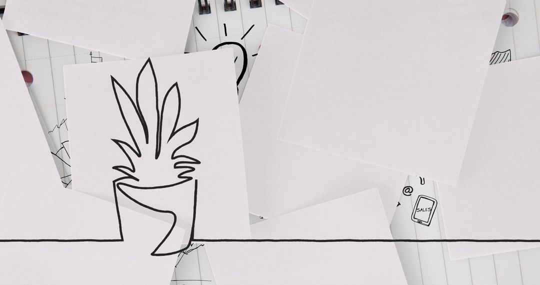 Conceptual Plant Sketch on Scattered Papers in Artistic Arrangement