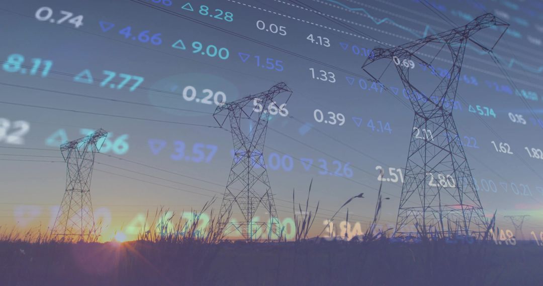 Power Lines Amidst Financial Data At Dusk Symbolizing Technological Progress