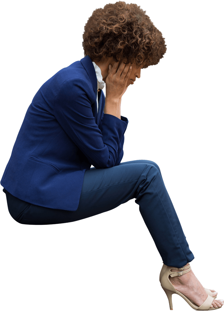 Thoughtful Businesswoman Sitting in Reflective Pose with Transparent Background