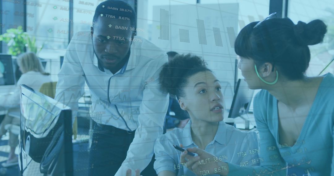 Group of Colleagues Analyzing Stock Market Data in Modern Office