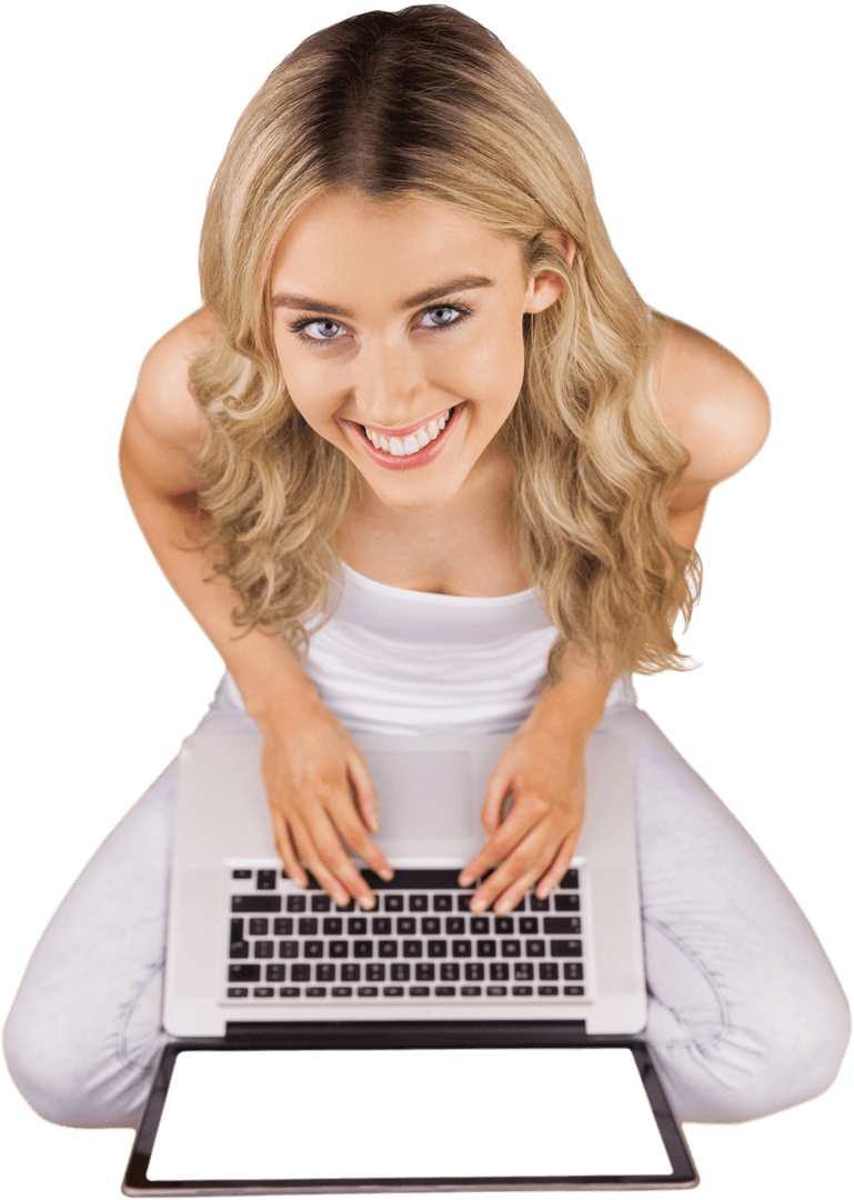 Transparent Lively Woman Using Laptop in Casual Setting