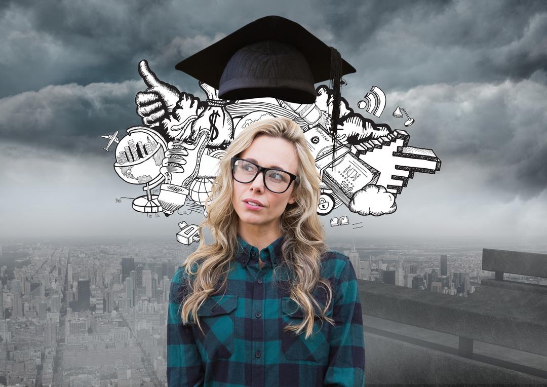 Thoughtful woman with graduation cap against cityscape in background - Free Images, Stock Photos and Pictures on Pikwizard.com