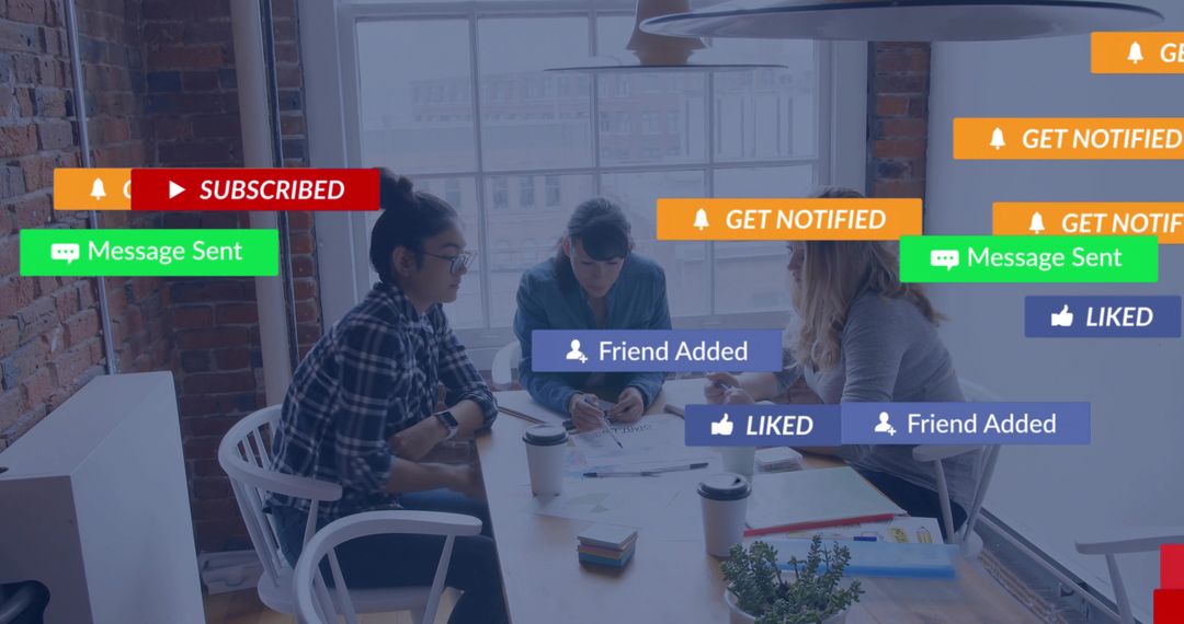 Team Collaborating on Social Media Strategy with Digital Elements Overlay