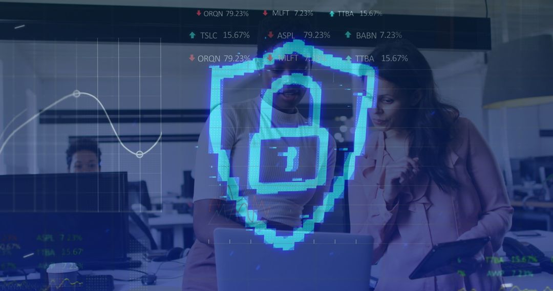 Business Team Analyzing Data with Cybersecurity Overlay in Modern Office