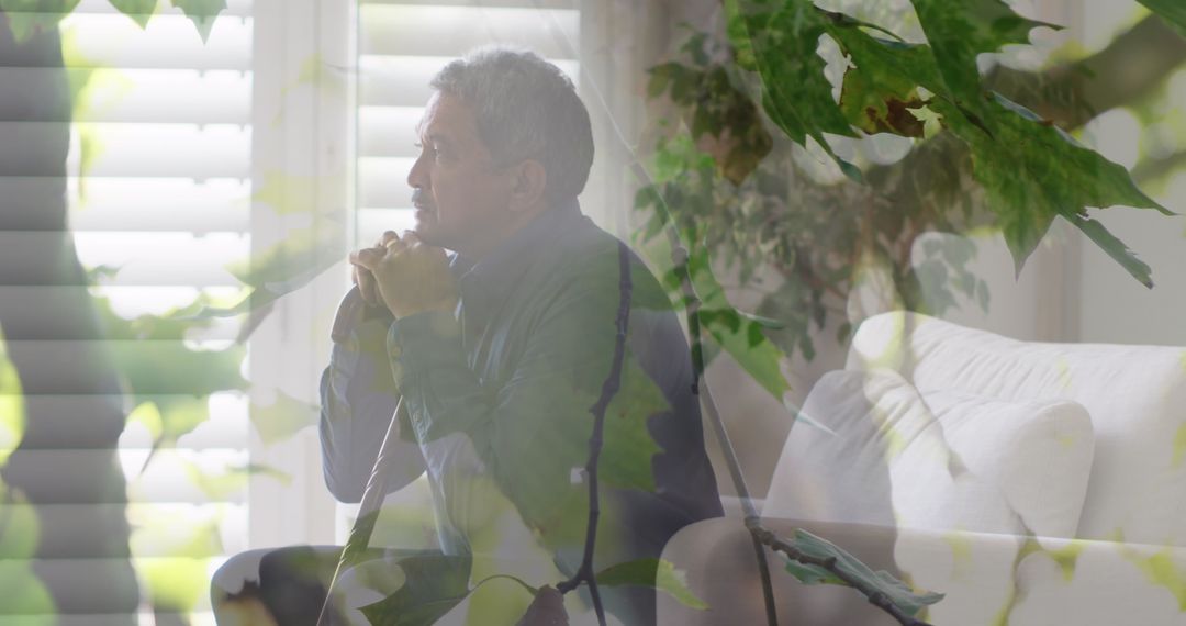 Elderly man with cane reflecting amongst leaves