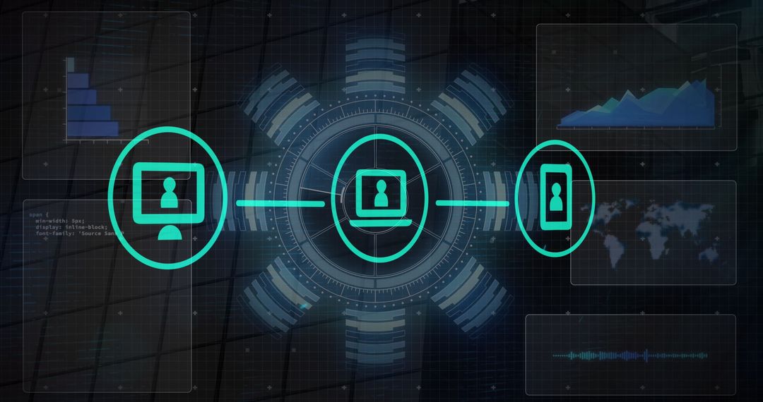 Digital Network Icons and Data Visualization on Black Background