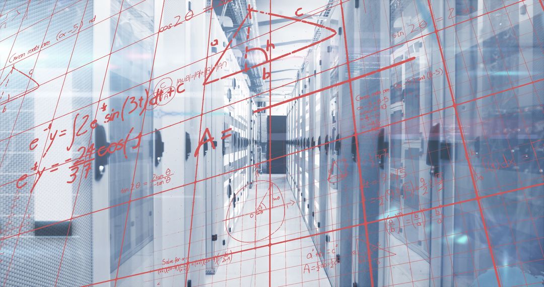 Mathematical Equations and Data Overlay on Modern Server Room