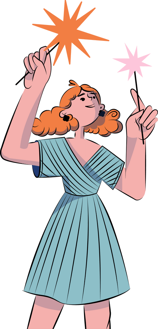 Joyful Female with Sparklers on Transparent Background