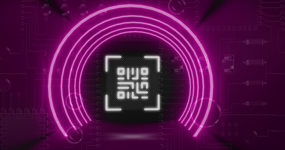 Glowing QR Code with Neon Circle on Digital Circuit Board