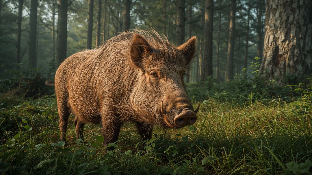 Solitary Wild Boar Standing Alert in Misty Pine Forest