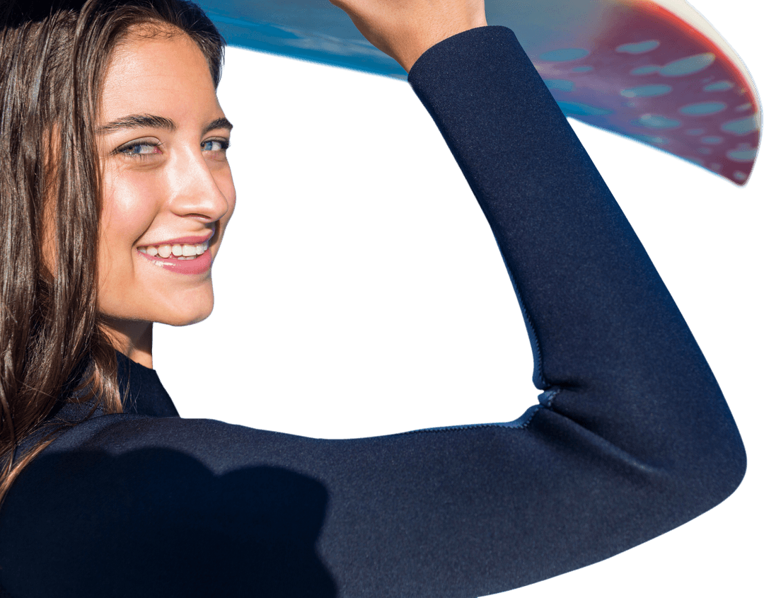 Cheerful Female Surfer Holding Surfboard on Transparent Background