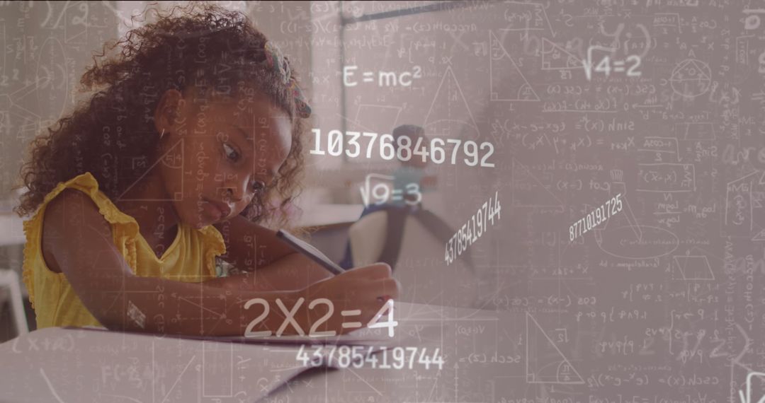Girl Concentrating on Math with Formulas Overlay