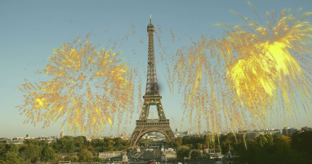 Vibrant Fireworks Illuminate Eiffel Tower in Celebration