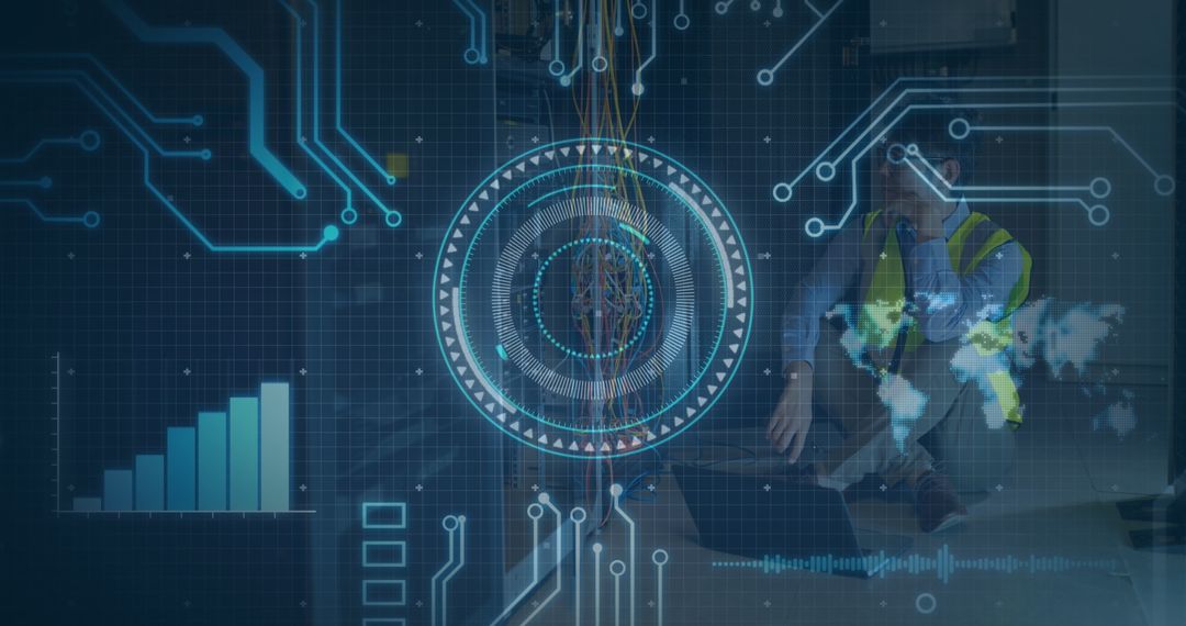 IT Technician in Data Center with Digital Interface Overlay