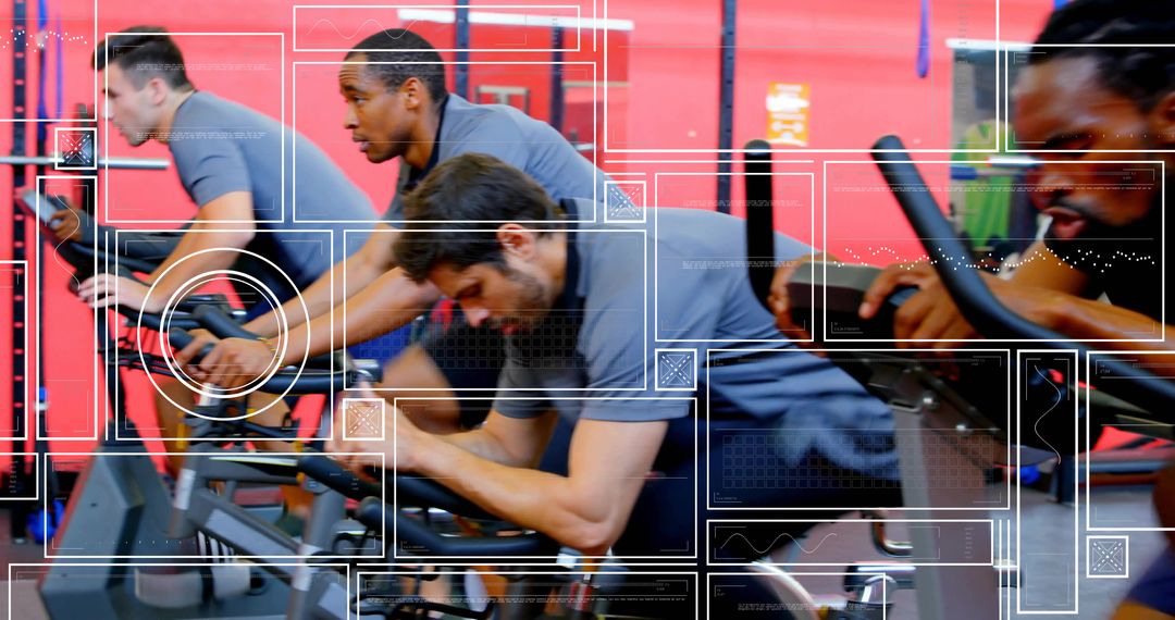 Men pedaling intensely in high-energy spin class with digital performance overlays