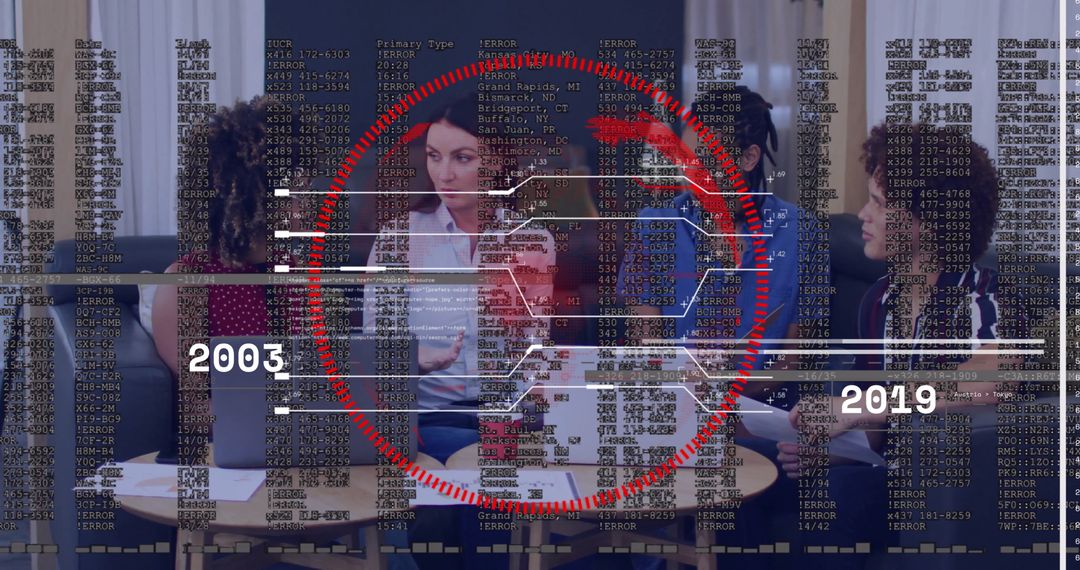 Diverse Team Collaborating in Modern Office with Digital Data Graphics Overlay