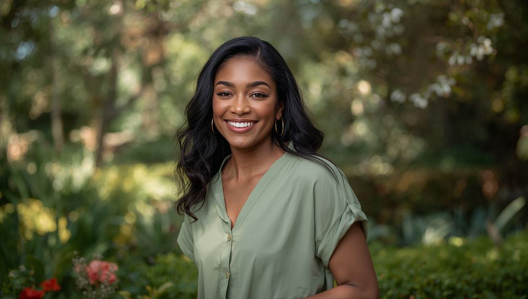 Smiling Woman Enjoying Peace in Lush Garden