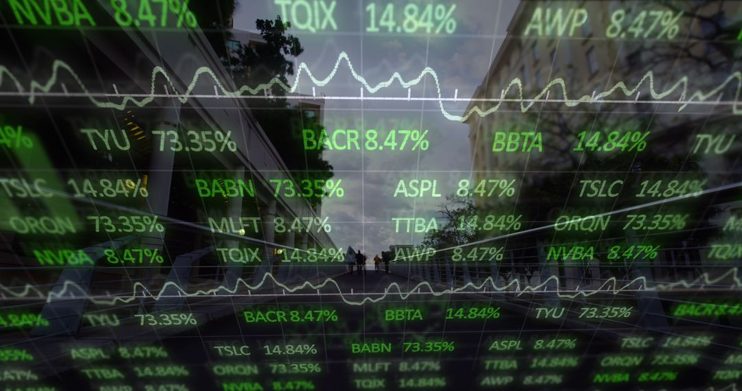 Financial Data Overlayed on Urban Cityscape Representing Global Markets