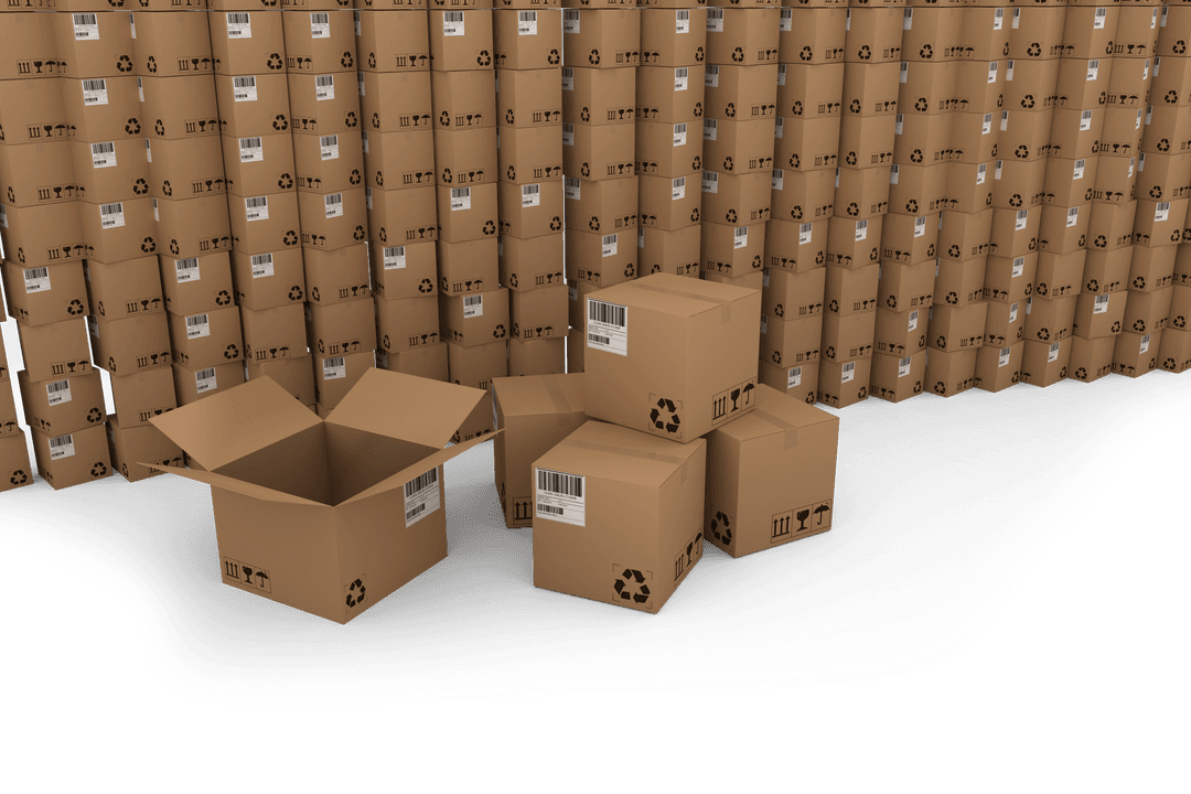 Transparent Cardboard Boxes with Recycling Symbols in Warehouse