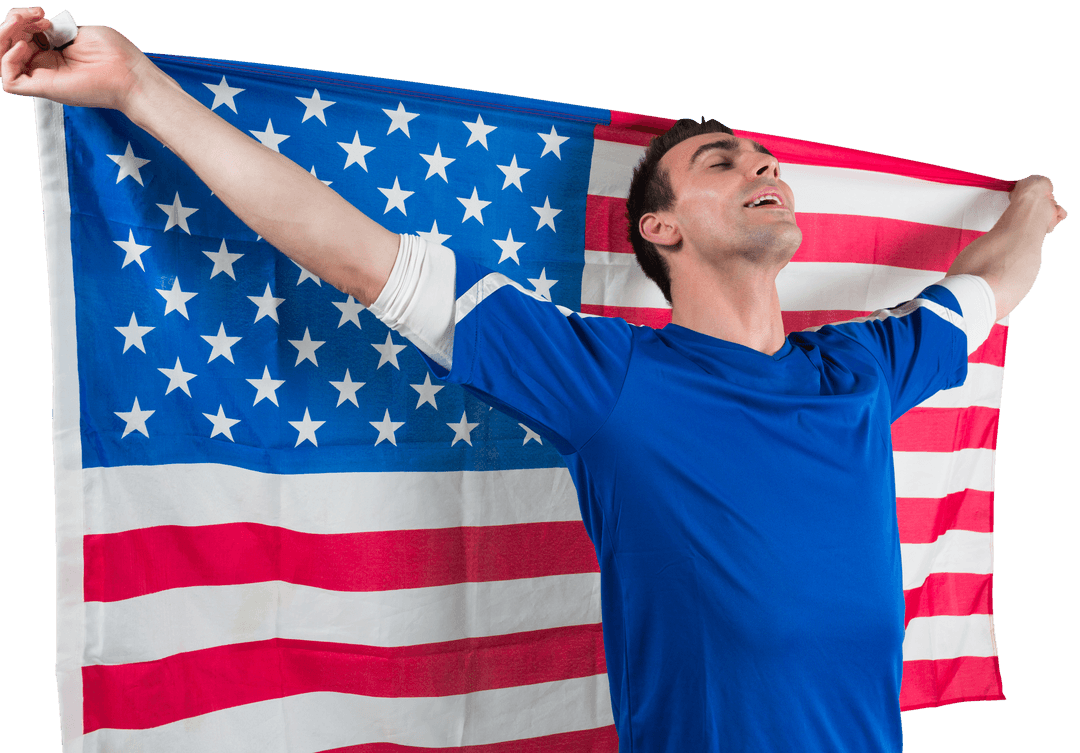 American Soccer Fan Celebrating with US Flag Transparent Background