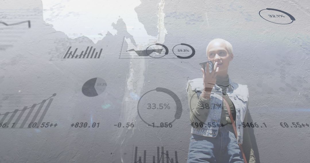 Woman Communicating with Futuristic Data Visualization and Graphs