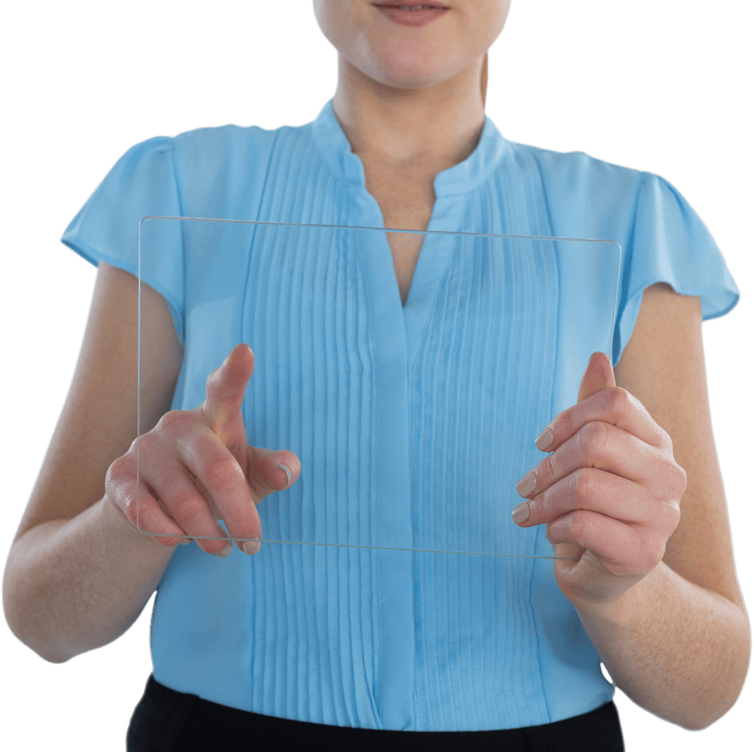 Businesswoman Utilizing Futuristic Transparent Touch Interface