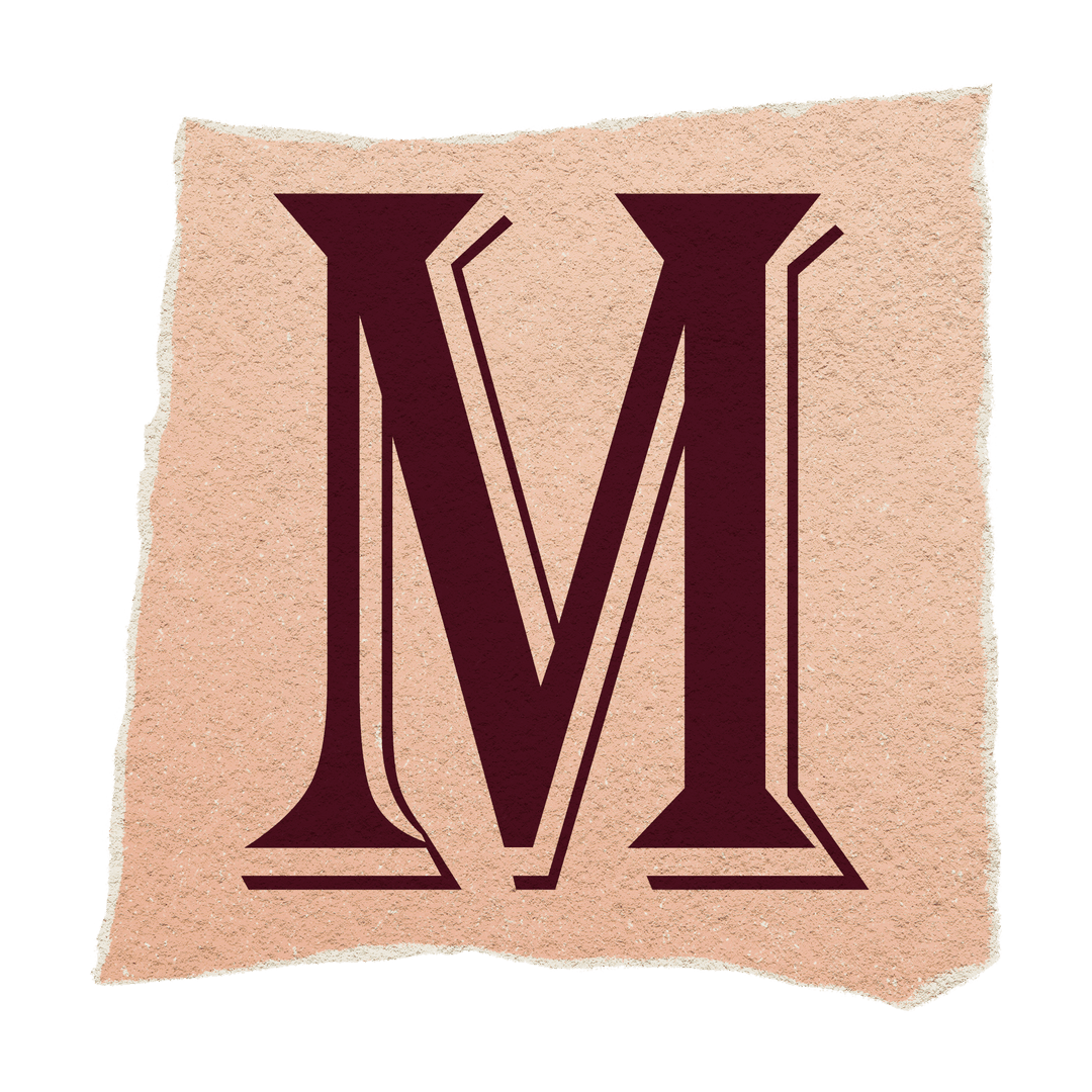 Serif Letter M on Torn Paper Transparent Background