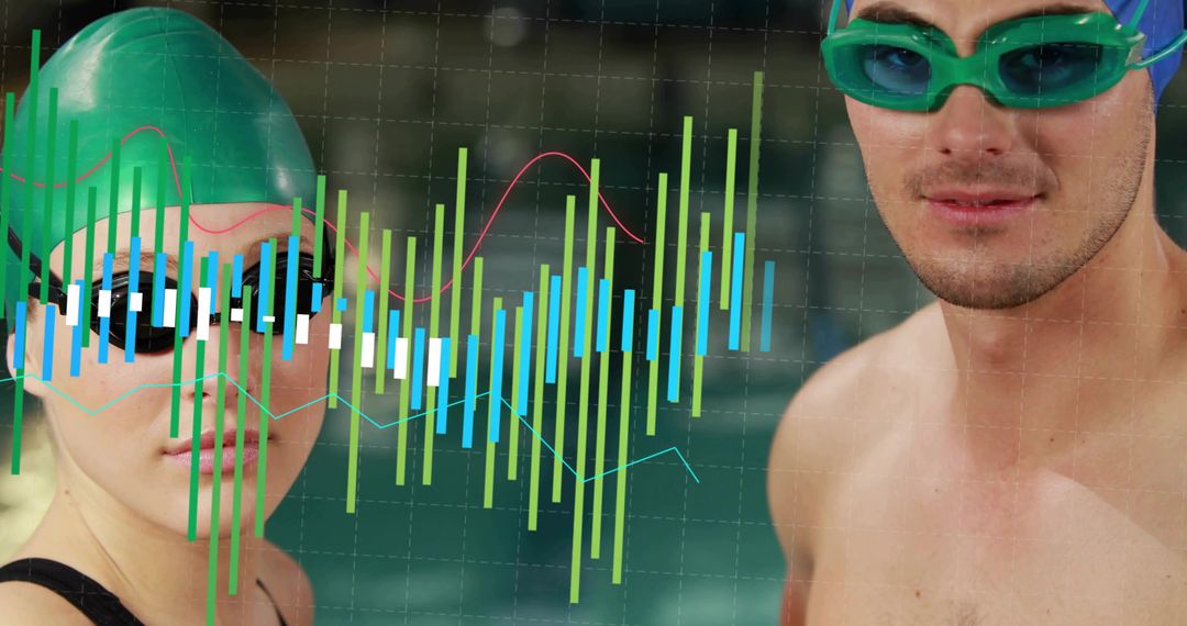 Competitive swimmers analyzing biometric performance data with colorful digital overlay