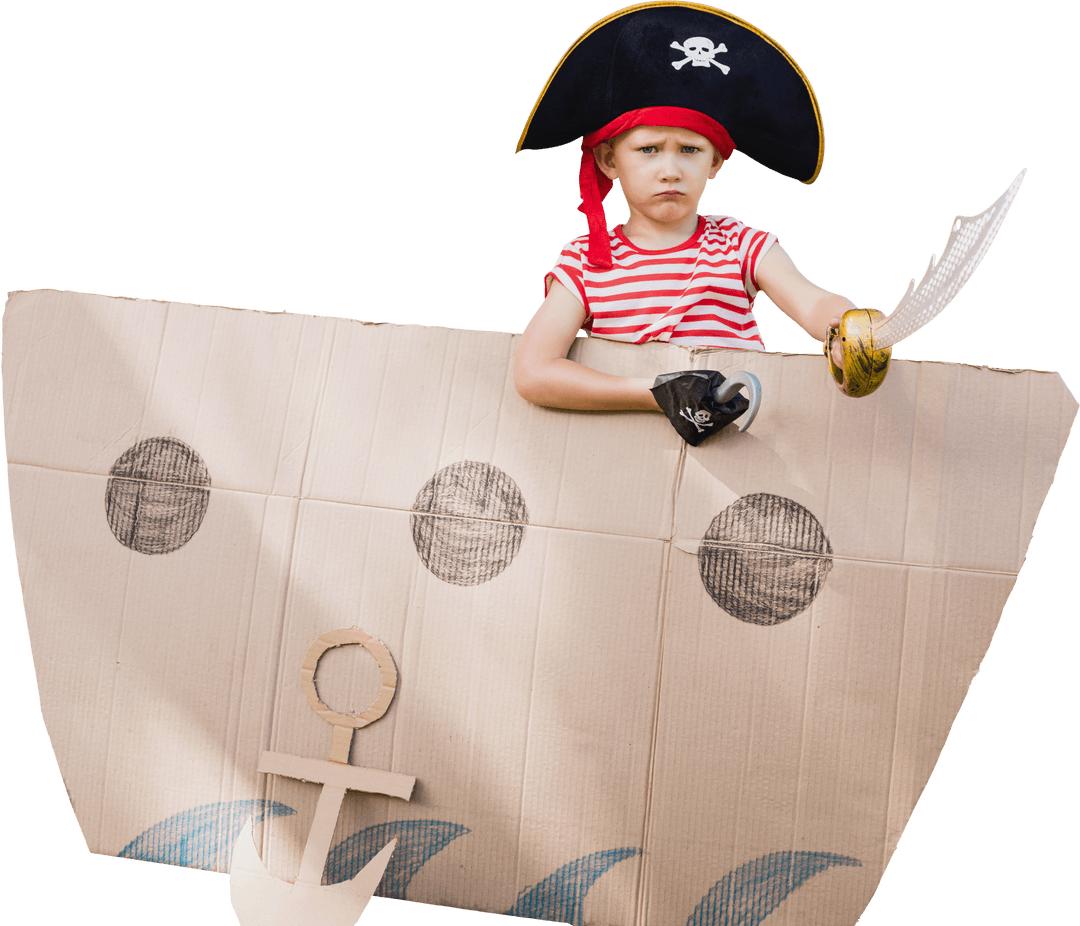 Child Dressed as Pirate With Cardboard Ship on Transparent Background